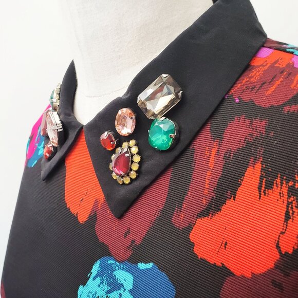 Trina Turk Womens Black Bright Floral Print Jeweled Collar Shift Dress 10 - Picture 5 of 11